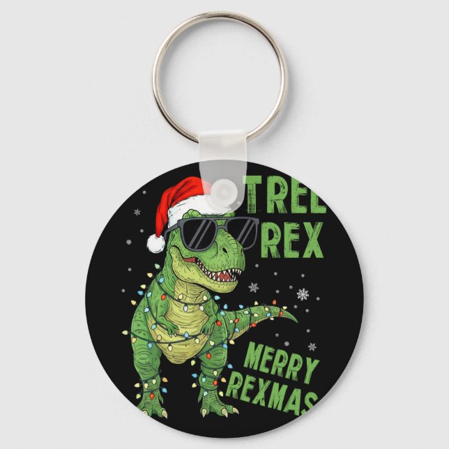 Funny Tree Rex Christmas Dinosaur Santa Hat Lights Nyckelring (Framsida)