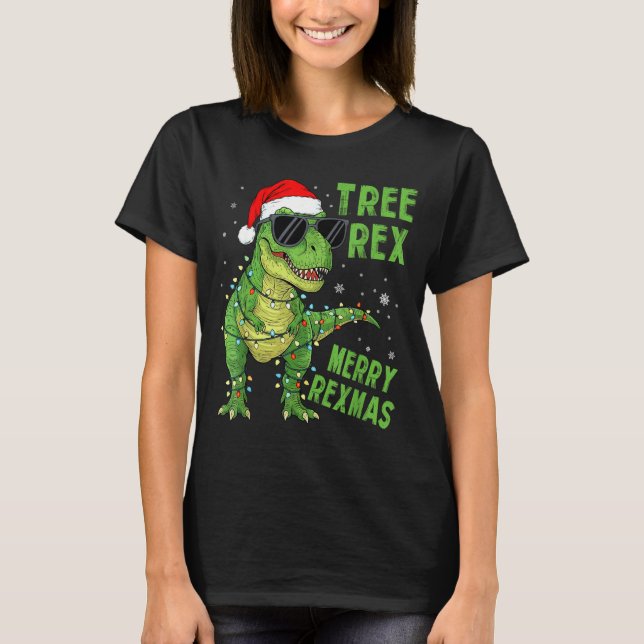 Funny Tree Rex Christmas Dinosaur Santa Hat Lights T Shirt (Framsida)
