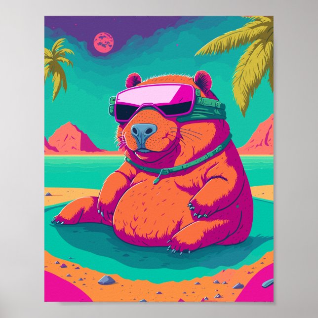 Funny Tropical Cyberpunk Capybara Art Poster (Framsidan)