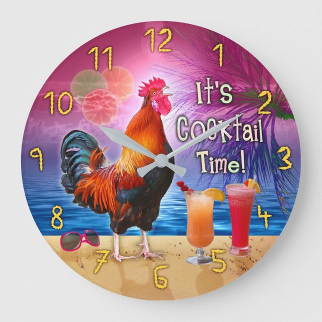 Funny Tupp Chicken Cocktail Time Tropical Beach Stor Klocka (Framsida)