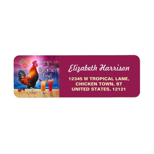 Funny Tupp Chicken CocktailTropical Beach Sea Returadress Etikett (Framsidan)