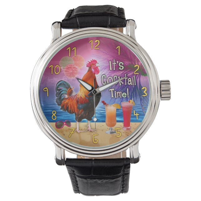 Funny Tupp Chicken som dricker Tropical Beach Sea Armbandsur (Framsida)