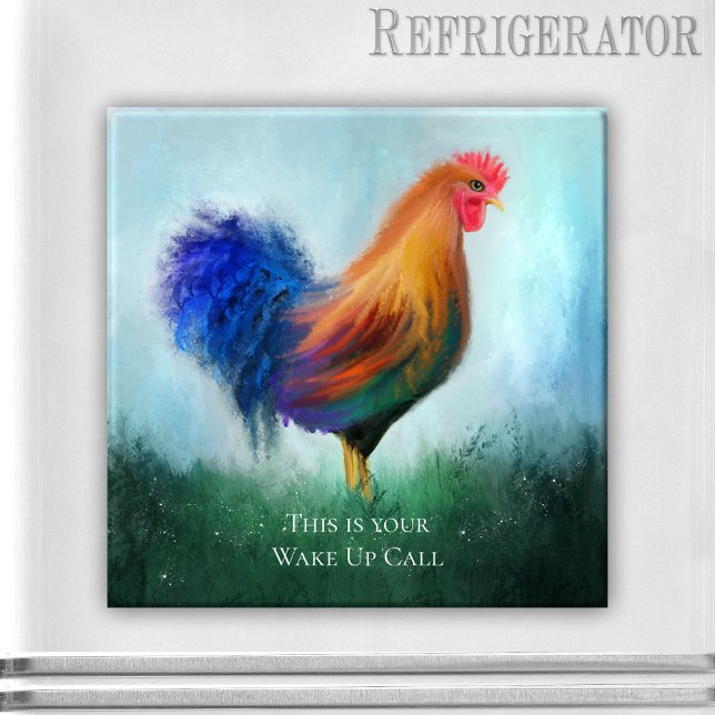 Funny Tupp Personlig Magnet (Funny magnet featuring an original painting of a colorful rooster in a grass field)