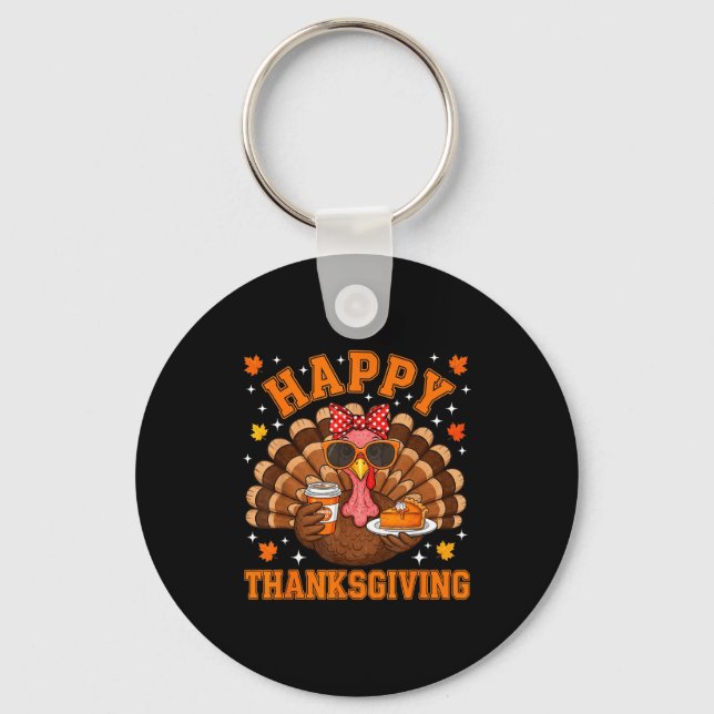 Funny Turkey Drinking Coffee Thanksgiving Bow Girl Nyckelring (Framsida)