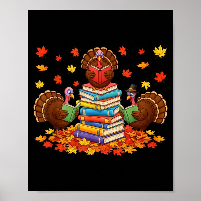 Funny Turkey Reading Book Fall Thanksgiving Teache Poster (Framsidan)