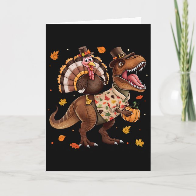 Funny Turkey Riding Dinosaur T Rex Thanksgiving Bo Kort (Framsida)