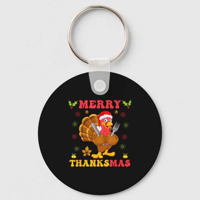 Funny Turkey Santa Merry Thanksmas Christmas Thank Nyckelring (Framsida)