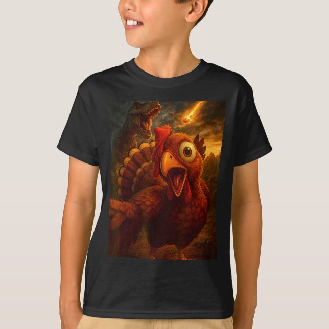 Funny Turkey Selfie With Dinosaur And Meteor Acaly T Shirt (Framsida)