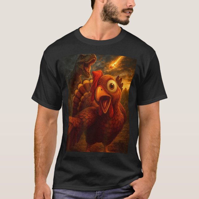 Funny Turkey Selfie With Dinosaur And Meteor Acaly T Shirt (Framsida)