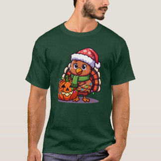Funny Turkey with Pumpkin Wrapped in Lights Thanks T Shirt