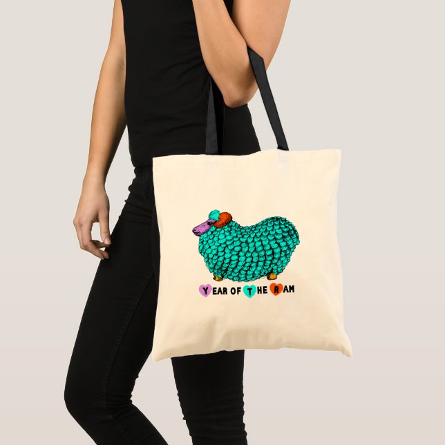 Funny Turkvoise Ram Chinese Year Zodiac Tote Bag Tygkasse (Framsida (produkt))