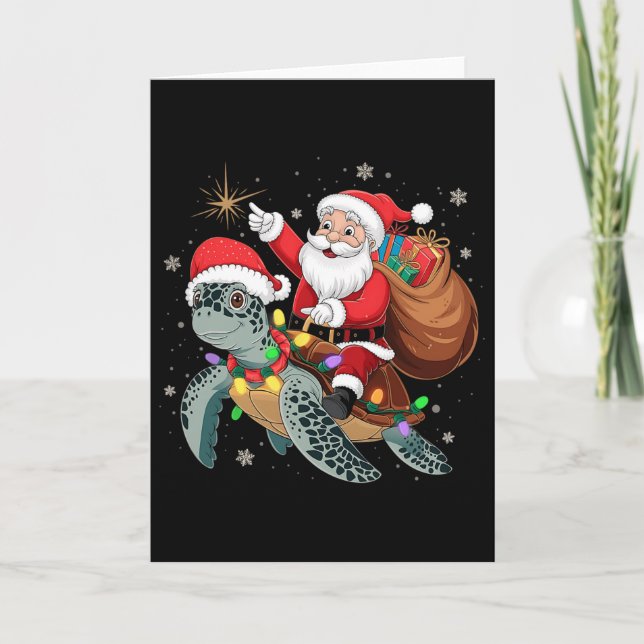 Funny Turtle Christmas Santa Riding Sea Turtle Xma Kort (Framsida)