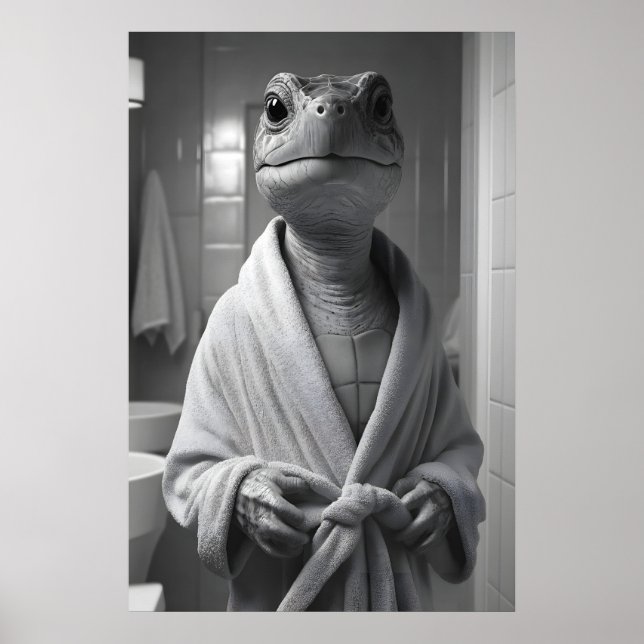 Funny Turtle in Bathrobe Print, Quirky Bathroom Poster (Framsidan)