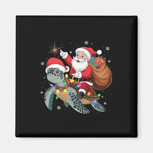 Funny Turtle jul Santa Riding Sea Turtle Xma Magnet (Framsidan)
