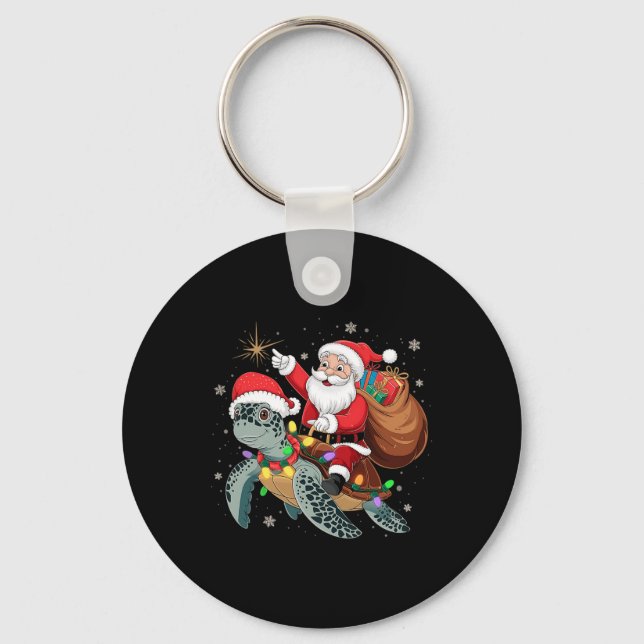Funny Turtle jul Santa Riding Sea Turtle Xma Nyckelring (Framsida)
