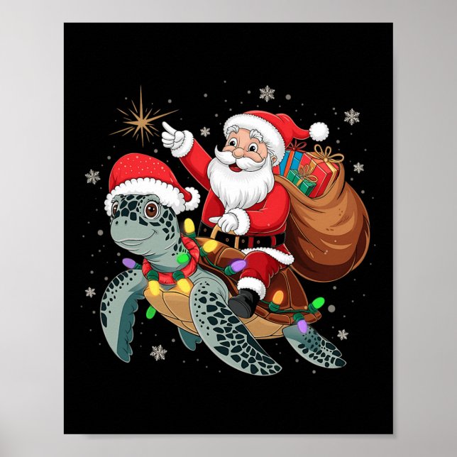 Funny Turtle jul Santa Riding Sea Turtle Xma Poster (Framsidan)