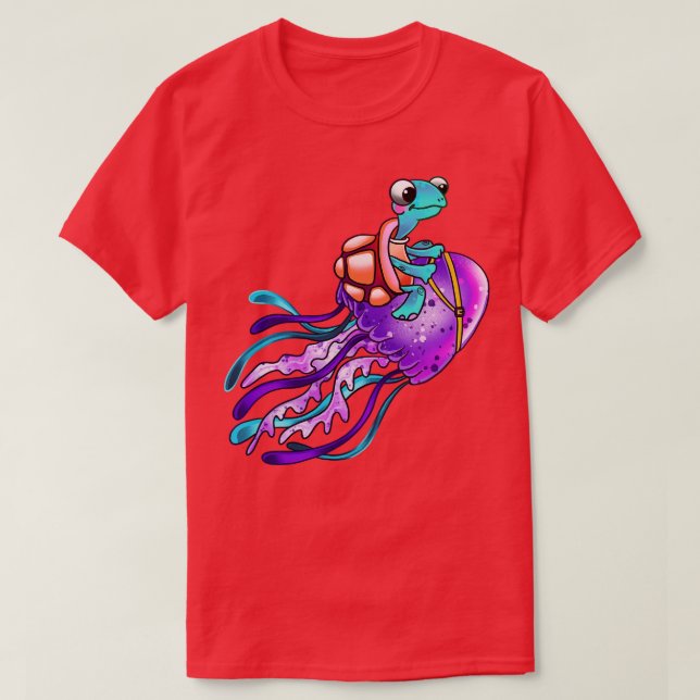 Funny Turtle Riding Jellyfish T Shirt (Design framsida)