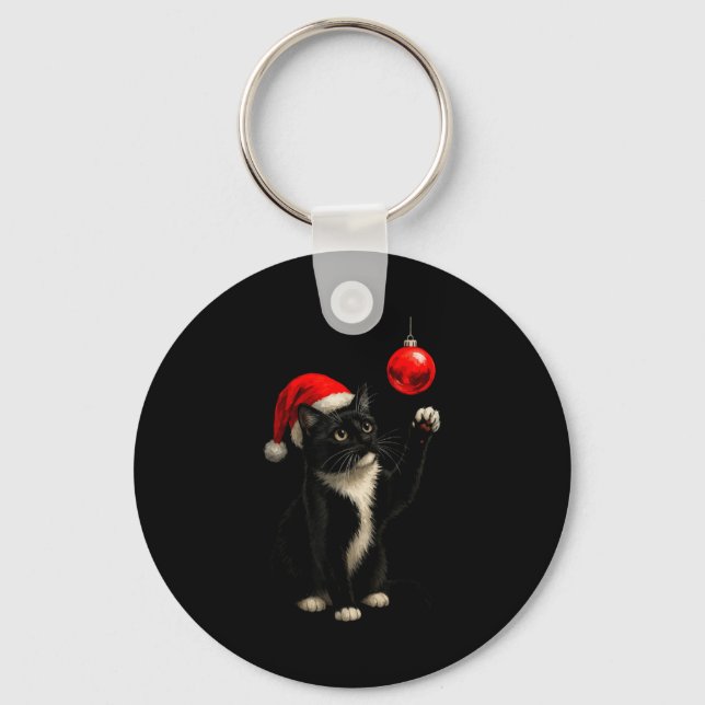 Funny Tuxedo Bauble Cat Santa Hat Red Xmas Christm Nyckelring (Framsida)
