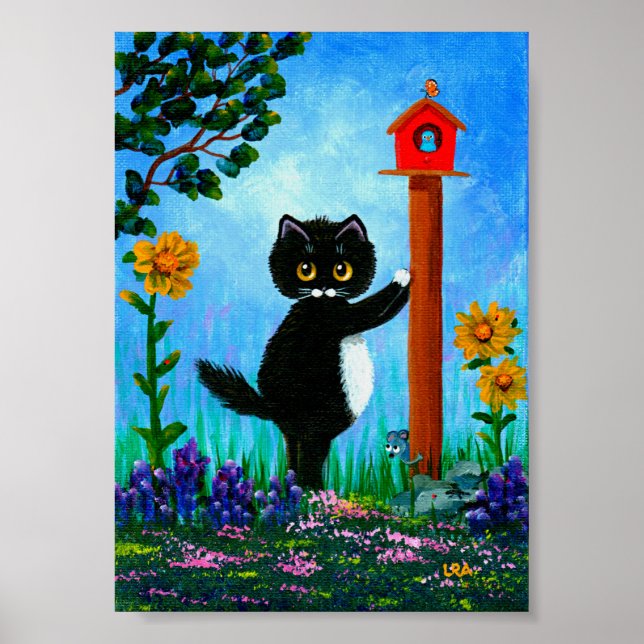 Funny Tuxedo Cat Birdhouse Mouse Creationarts Poster (Framsidan)