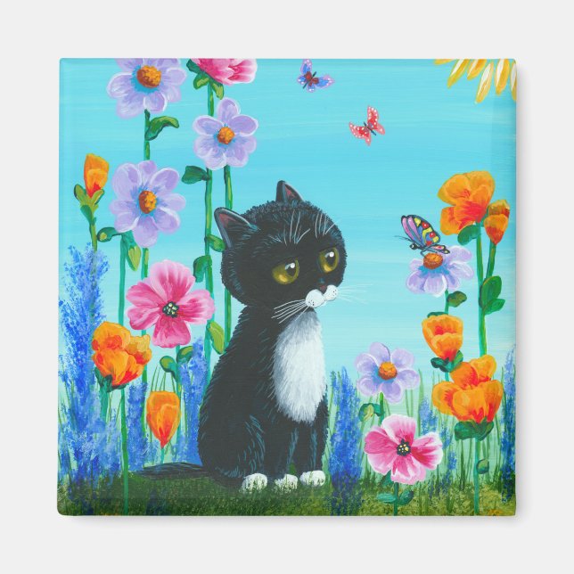 Funny Tuxedo Cat Flowers Creationarts Magnet (Framsidan)