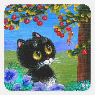 Funny Tuxedo Cat Mouse Creationarts Fyrkantigt Klistermärke