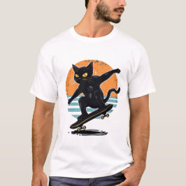 Funny Tuxedo Cat Skateboarder in Sneakers Retro T Shirt