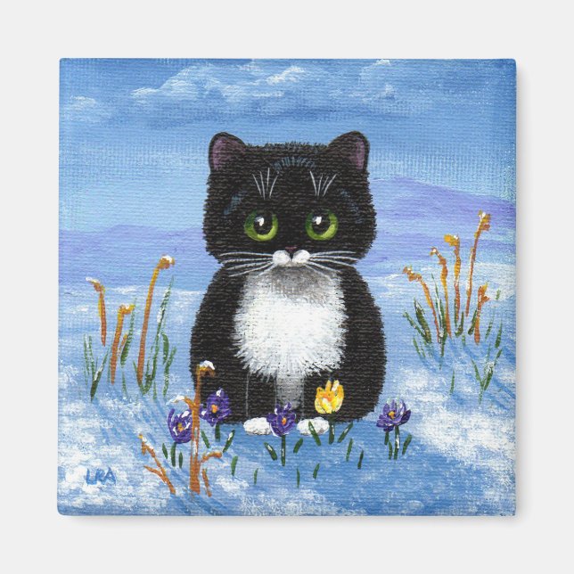 Funny Tuxedo Cat Winter Snö Creationarts Magnet (Framsidan)