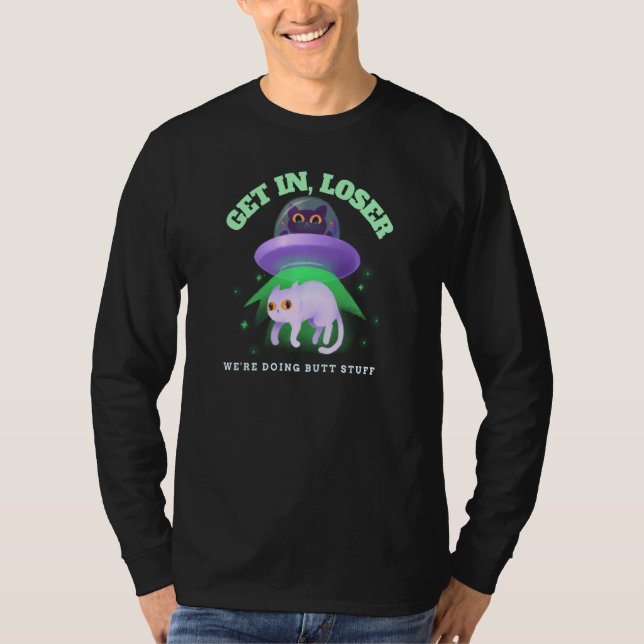 Funny Ufo Cat Alien Abduction Vi gör Butt Stu T Shirt (Framsida)
