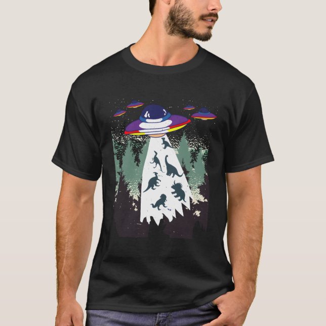 Funny Ufo Space Alien Forest Dinosaur Abduction T Shirt (Framsida)