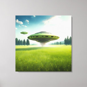 Funny UFO-utomjordingar för arbetsyta på en grönt Canvastryck