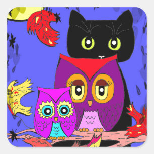 Funny Uggla Black Cat Fall Måne Creationarts Fyrkantigt Klistermärke