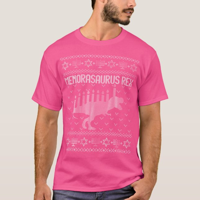 Funny Ugly Hanukkah Shirt Dinosaur Trex Menorasa T (Framsida)