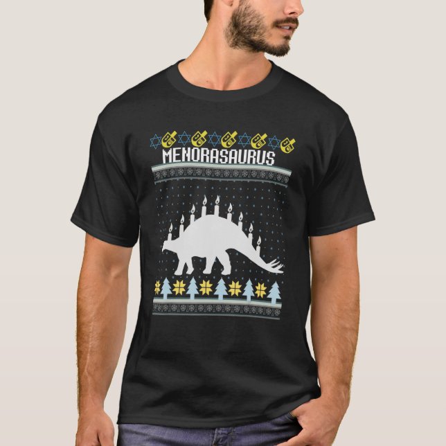Funny Ugly Hanukkah Sweater Dinosaur Menorah Dino T Shirt (Framsida)