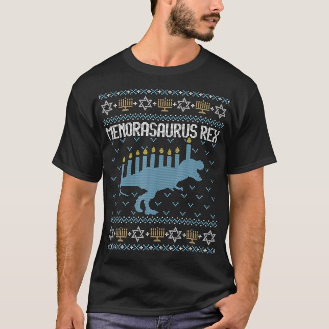 Funny Ugly Hanukkah Sweater Dinosaur Trex Menoras T Shirt (Framsida)