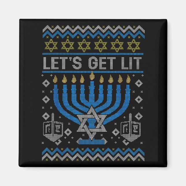 Funny Ugly Hanukkah Sweater Lets Get Lit Menorah J Magnet (Framsidan)