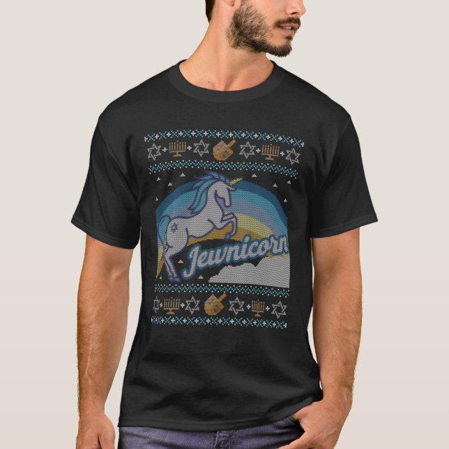 Funny Ugly Hanukkah Sweater Unicorn Jewnicorn T Shirt (Framsida)