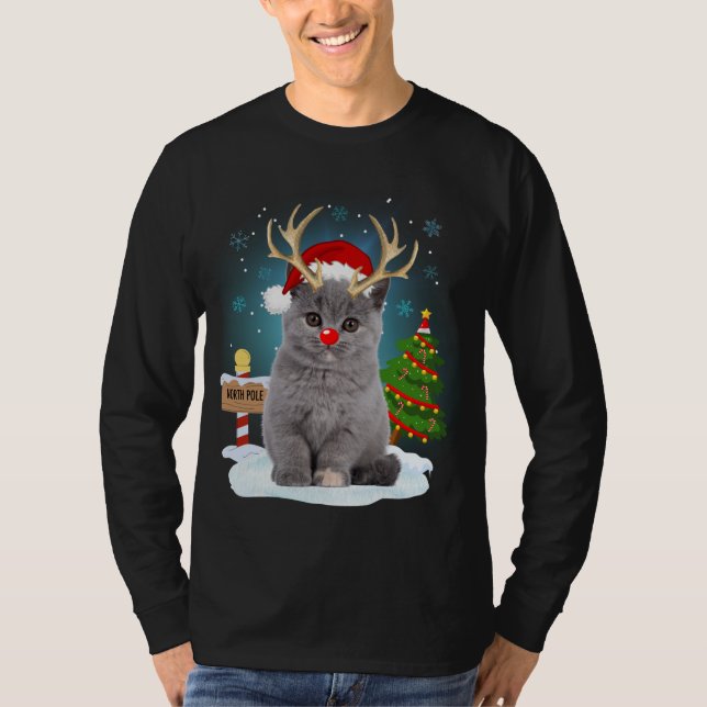 Funny Ugly Sweater Cat Reindeer North Pole Christm T Shirt (Framsida)