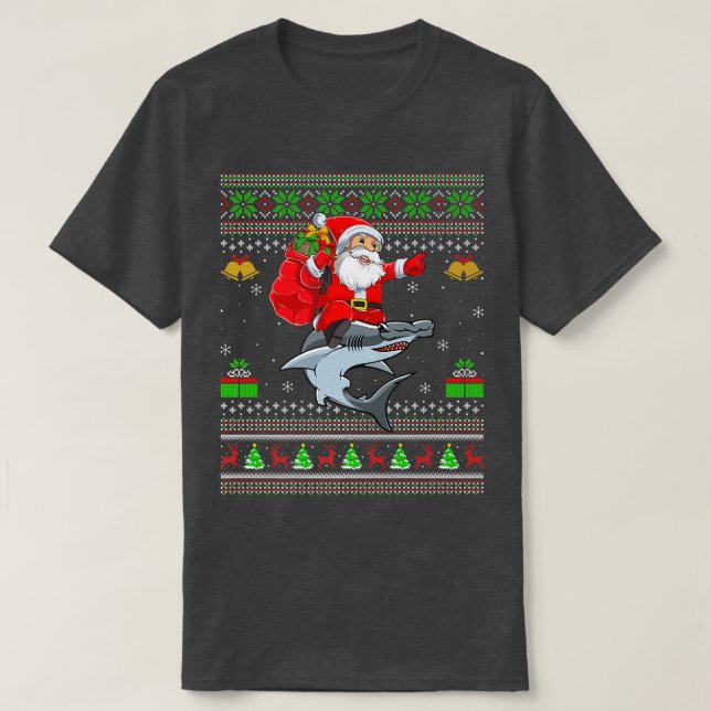 Funny Ugly Xmas Santa Riding Hammerhead Shark Fish T Shirt (Design framsida)
