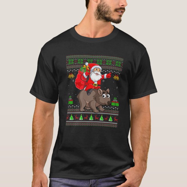 Funny Ugly Xmas Santa Riding Wombat Christmas T Shirt (Framsida)