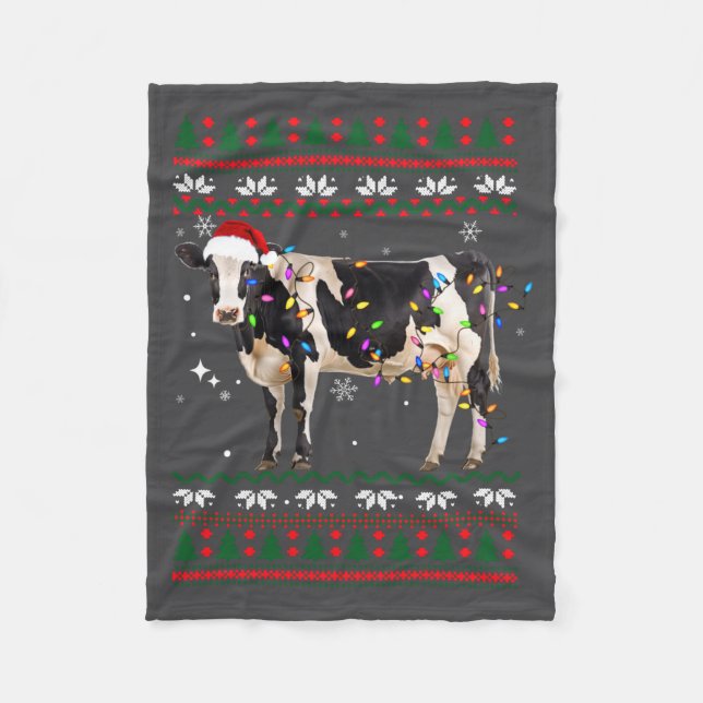 Funny Ugly Xmas Sweater Dairy Cow Farmer Lights Ch Fleecefilt (Framsidan)