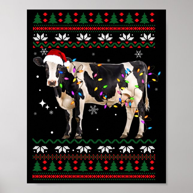 Funny Ugly Xmas Sweater Dairy Cow Farmer Lights Ch Poster (Framsidan)