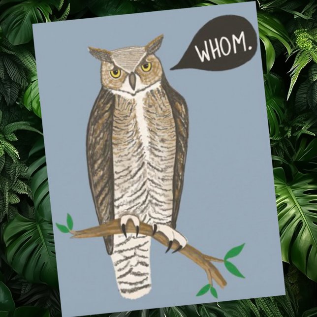 Funny Underbar horned Uggla WHOM Grammar Vykort (Cute grammar owl custom postcard. Who = whom haha)
