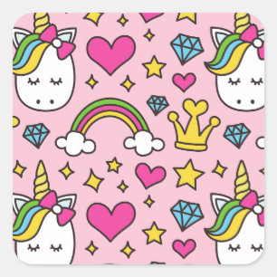 Funny Unicorn Mönster Rosa Magic Horse Cute Fyrkantigt Klistermärke
