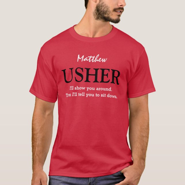 Funny Usher-Anpassade Bröllopsfest V03 RED T Shirt (Framsida)