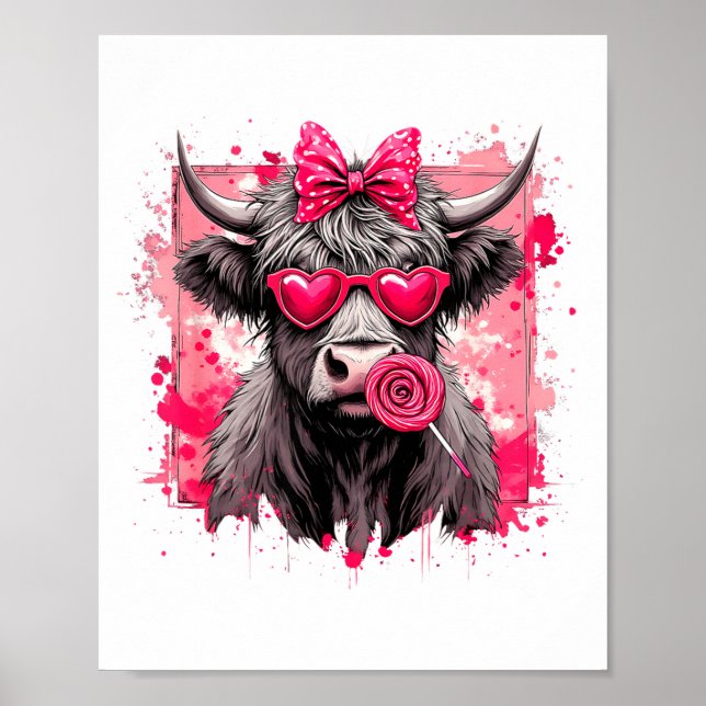 Funny Valentine Highland Cow Lollip Heart Art Nk L Poster (Framsidan)