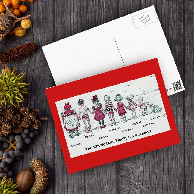 Funny Victorian Family Beach Vacation Vykort (Funny vintage Victorian postcard the Whole Dam Family on vacation on white and red postcard.)