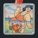 Funny Vintage Beach Humour Crab Attack Illustratio Julgransprydnad Metall<br><div class="desc">This vibrant vintage illustration, dating from the 1930s-1940s, captures the playful and cheeky spirit of mid-century seaside humor. It depicts a curvaceous woman in a stylish coral swimsuit wading in the ocean, surprised by a mischievous crab. The bold lines, saturated colors, and expressive character design are hallmarks of the classic...</div>