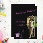 Funny Vintage Butterfly Girl Birthday Inbjudan<br><div class="desc">Roligt & funky inbjudan för vuxnor har en neoncocktail och en "lycklig timme" med vintage-butterfly-lagad dansare och rosa-anpassade på svart bakgrund.</div>