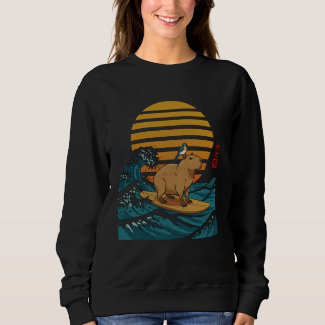 Funny Vintage Capybara Surfing Japanese Waves T Shirt (Framsida)