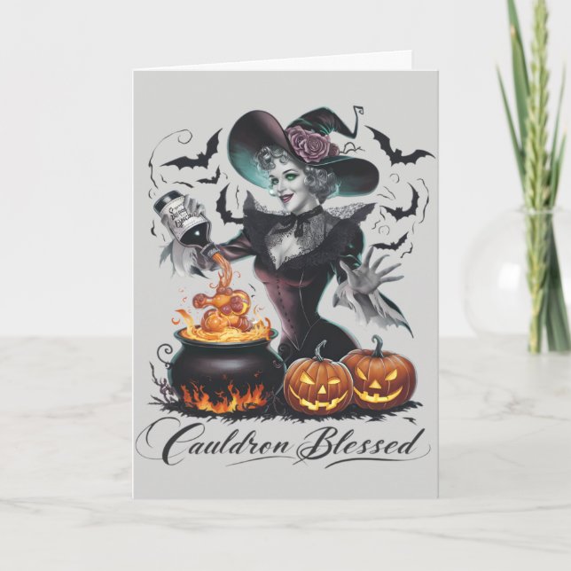 Funny Vintage Cauldron Blsed Witch Halloween Helgkort (Framsida)